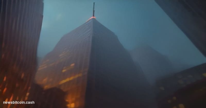 A cinematic photorealistic editorial photograph shot at a low angle looking up at a towering financial district building with