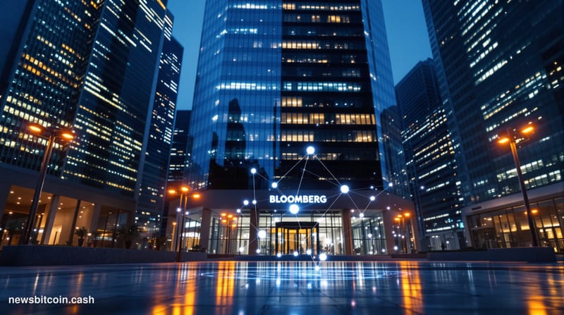 Cinematic photorealistic editorial photograph of a monumental glass-and-steel financial district skyscraper shot from a low a
