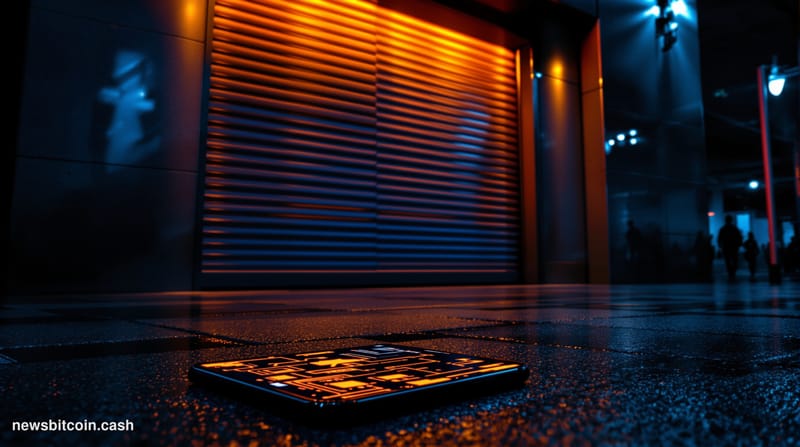 Cinematic photorealistic editorial photograph of a shuttered fintech office entrance, heavy steel doors closed with a reflect