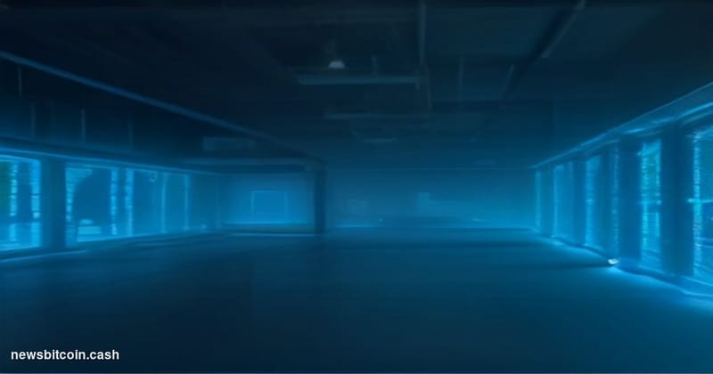 Cinematic photorealistic editorial photograph of a darkened server room bathed in cold blue light, with a single monitor in t