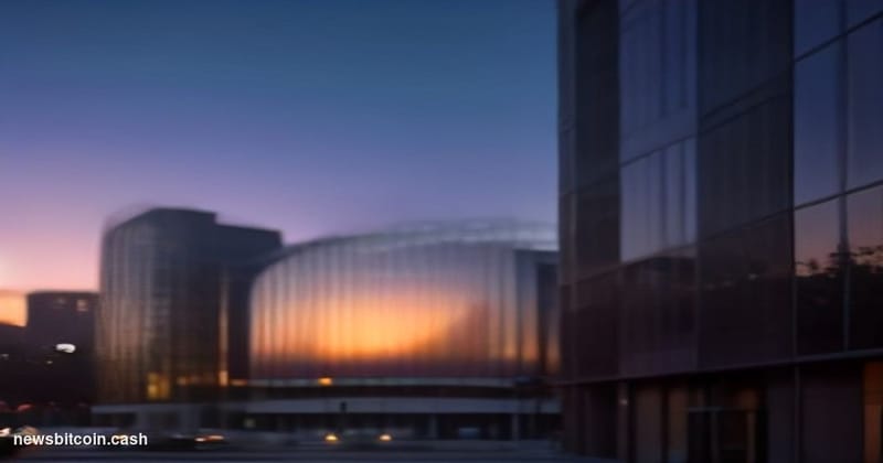 Cinematic photorealistic editorial photograph of the Nvidia headquarters campus in Santa Clara, California, shot at dusk with