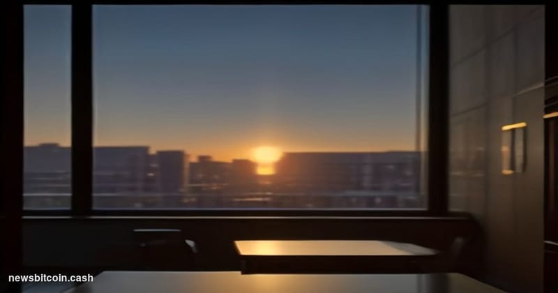 Cinematic photorealistic editorial photograph of a dramatic split-scene composition: in the foreground, a glowing Bitcoin "₿"