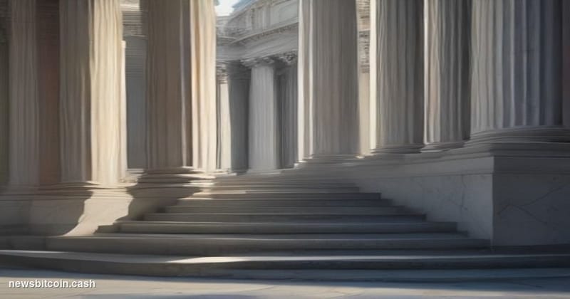 A cinematic photorealistic editorial photograph of the imposing neoclassical facade of a federal banking regulator building i
