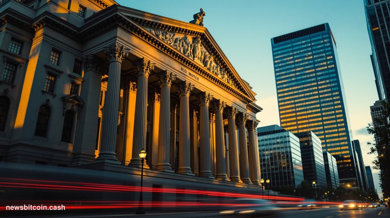 Cinematic photorealistic editorial photograph of the neoclassical facade of the Office of the Comptroller of the Currency hea
