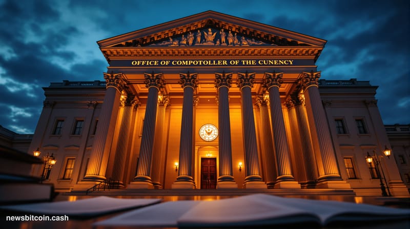 Cinematic photorealistic editorial photograph of the stately neoclassical facade of the Office of the Comptroller of the Curr