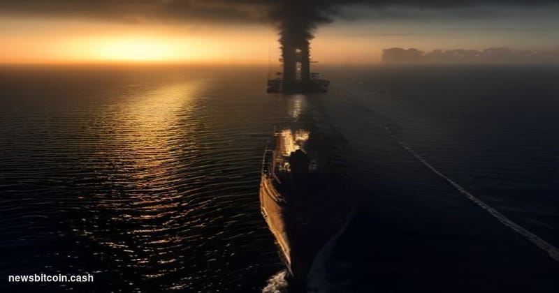 Cinematic photorealistic editorial photograph shot at a low angle from a tanker deck looking toward the narrow, haze-filled w