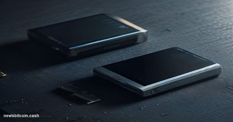 Cinematic photorealistic editorial photograph of two hardware cryptocurrency wallets — one resembling a Ledger device and one