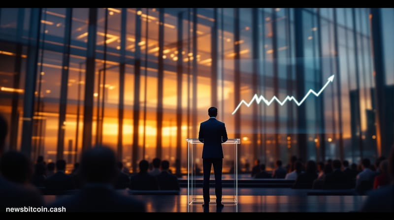 Cinematic photorealistic editorial photograph of a sleek, modern corporate headquarters building at dusk, with large floor-to