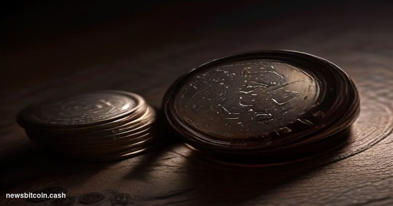 Cinematic photorealistic editorial photograph of a single gleaming physical Bitcoin coin resting on a dark mahogany surface, 