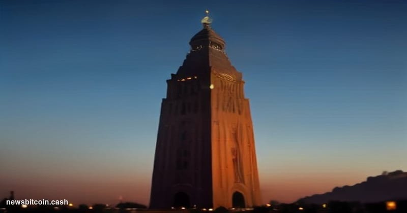 Cinematic photorealistic editorial photograph of the iconic Minar-e-Pakistan tower in Lahore at dusk, seen through a foregrou