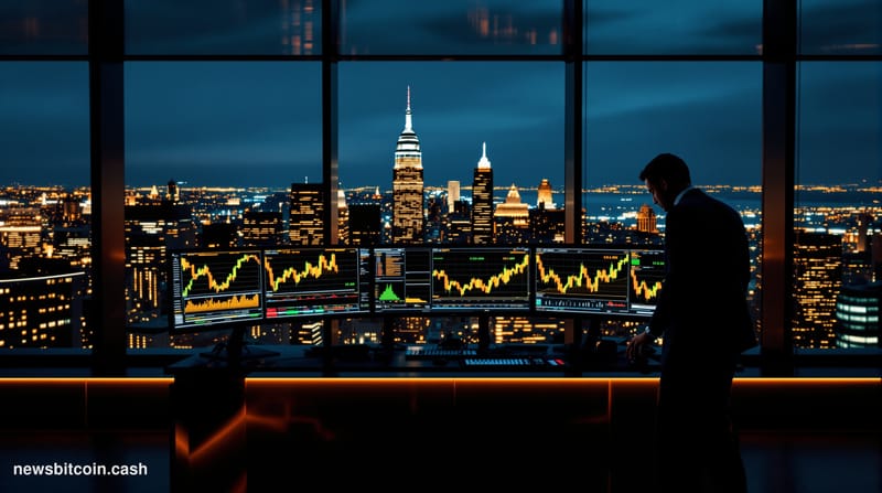 Cinematic photorealistic editorial photograph of a sleek, high-floor institutional trading floor in San Francisco at dusk, wi