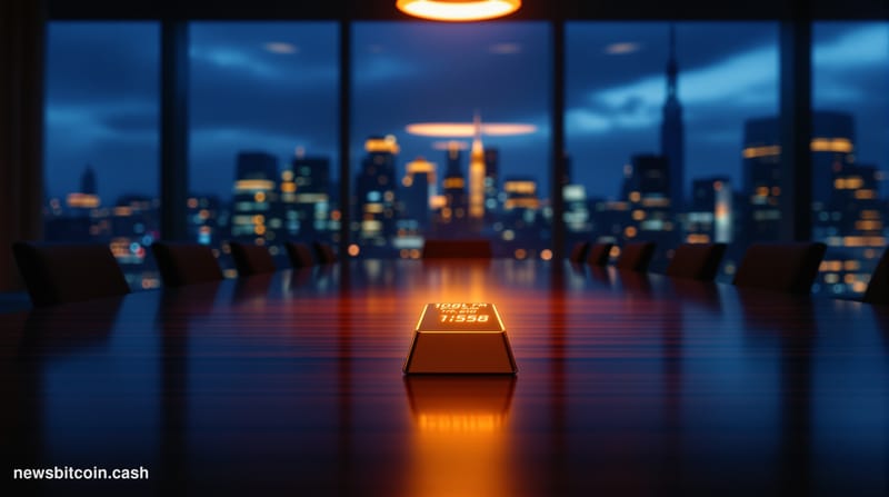 Cinematic photorealistic editorial photograph of a grand, dimly lit Wall Street-style boardroom at dusk, with floor-to-ceilin