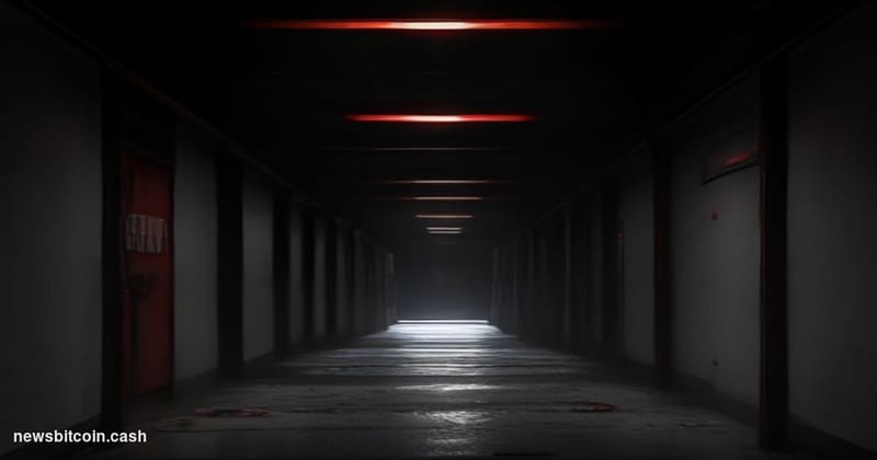 Cinematic photorealistic editorial photograph of a darkened server room corridor with emergency red lighting casting harsh sh