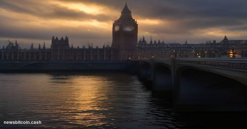Cinematic photorealistic editorial photograph of the UK Houses of Parliament at dusk, shot from across the Thames River with 