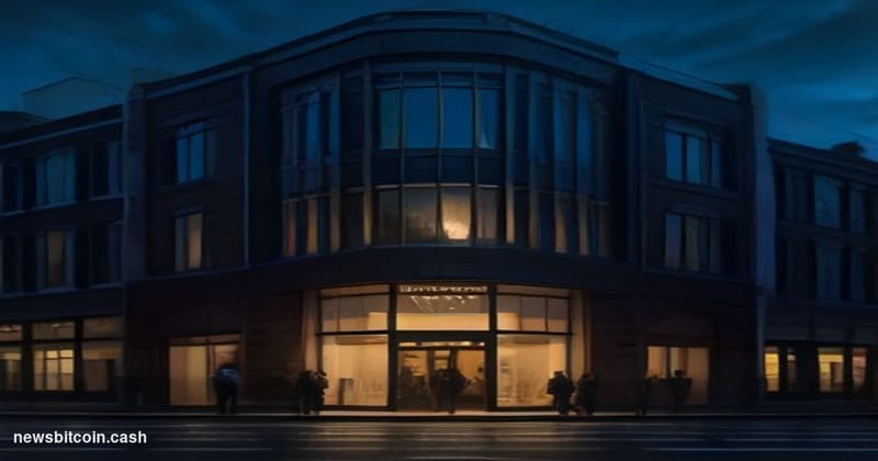 Cinematic photorealistic editorial photograph of Revolut's London headquarters exterior at dusk, the building's glass facade 