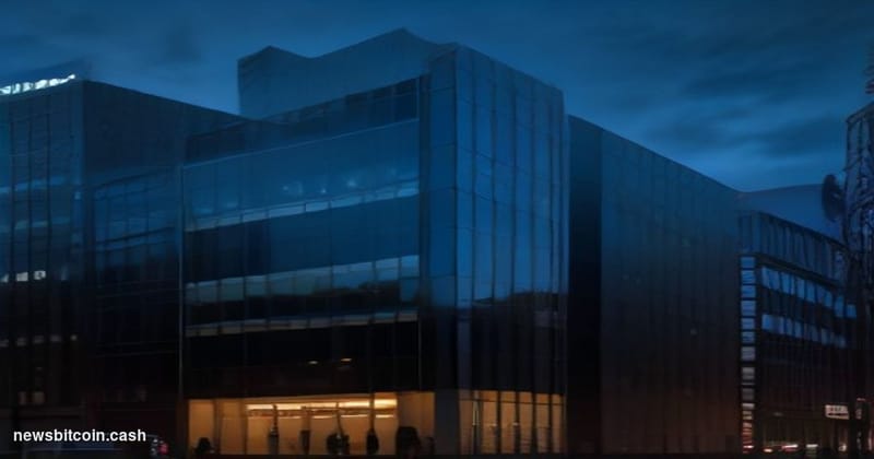 Cinematic photorealistic editorial photograph of Revolut's London headquarters building exterior at dusk, the glassy modern f