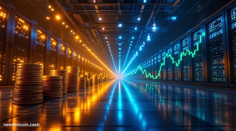 Cinematic photorealistic editorial photograph of a large industrial Bitcoin mining facility in dramatic twilight, rows of ASI