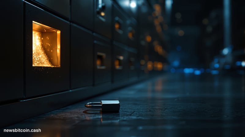 Cinematic photorealistic editorial photograph shot at ground level looking up at a dimly lit residential mailbox row in an ur