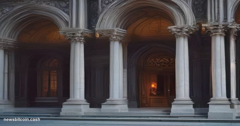 Cinematic photorealistic editorial photograph of the exterior of a grand British court building — stone columns, ornate Victo