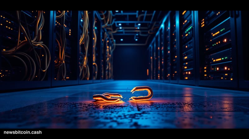 Cinematic photorealistic editorial photograph shot from a low angle looking up at a dark server infrastructure corridor, with