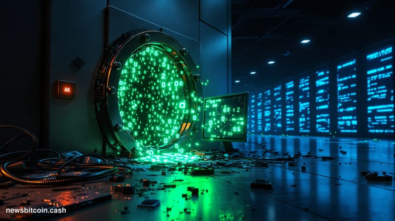 Cinematic photorealistic editorial photograph of a shattered digital vault door rendered as a physical steel structure in a d