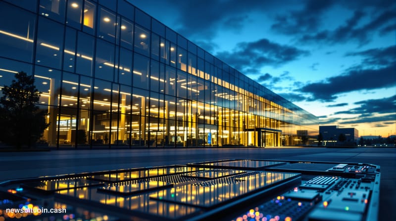 Cinematic photorealistic editorial photograph of a modern semiconductor and flash storage manufacturing facility at dusk, sho