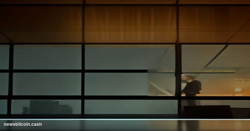 Cinematic photorealistic editorial photograph of Michael Saylor's silhouette — a broad-shouldered executive figure in a dark 