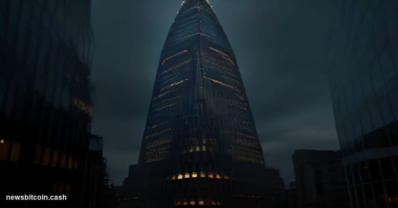 Cinematic photorealistic editorial photograph of Sberbank's iconic green-branded Moscow headquarters tower at dusk, shot from