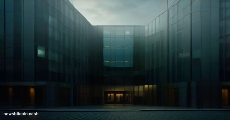 Cinematic photorealistic editorial photograph of Sberbank's iconic green-facade headquarters building in Moscow, shot at dusk