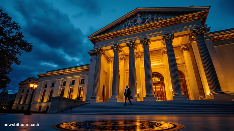 Cinematic photorealistic editorial photograph of the SEC headquarters building in Washington D.C. — the distinctive neoclassi