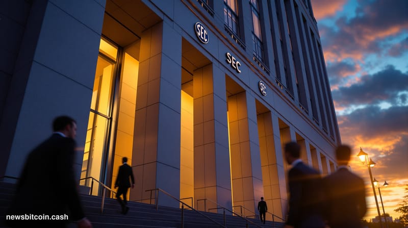 Cinematic photorealistic editorial photograph of the SEC headquarters building in Washington D.C. — the distinctive modernist