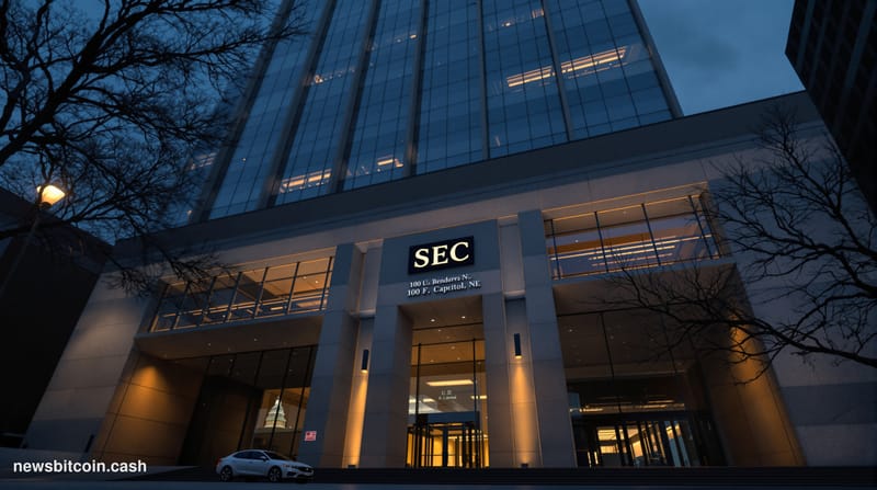 A cinematic photorealistic editorial photograph of the SEC headquarters building in Washington D.C. — the brutalist concrete 