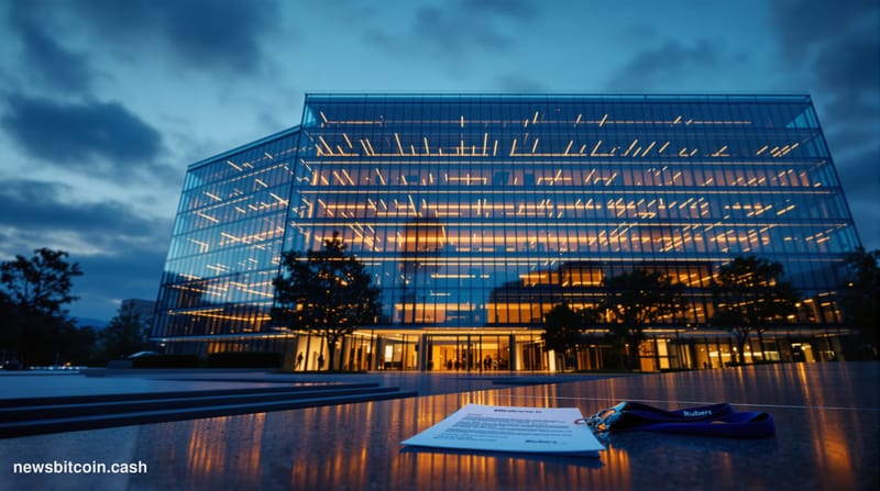 Cinematic photorealistic editorial photograph of Franklin Templeton's San Mateo, California headquarters exterior at dusk, th