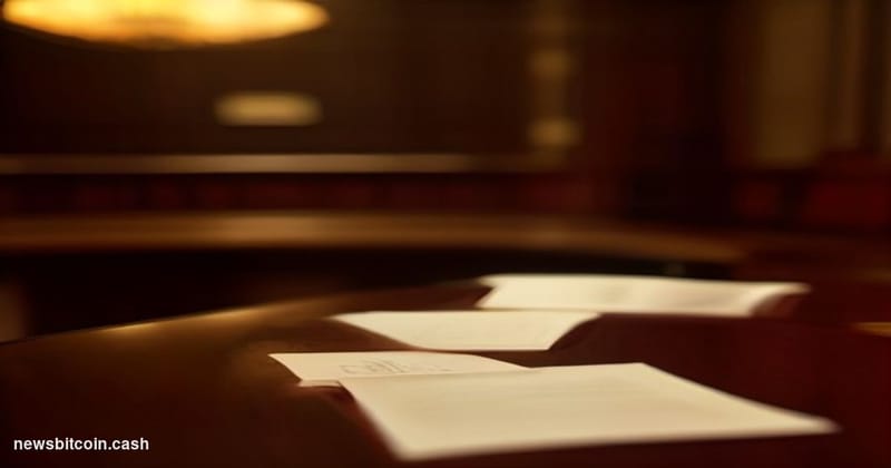 A cinematic photorealistic editorial photograph set inside a grand federal regulatory hearing room in Washington D.C., shot f