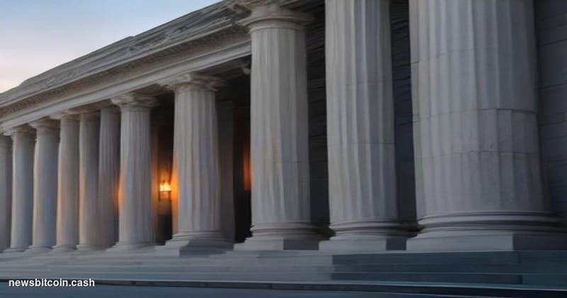 Cinematic photorealistic editorial photograph of the SEC headquarters building in Washington D.C. — the neoclassical facade o