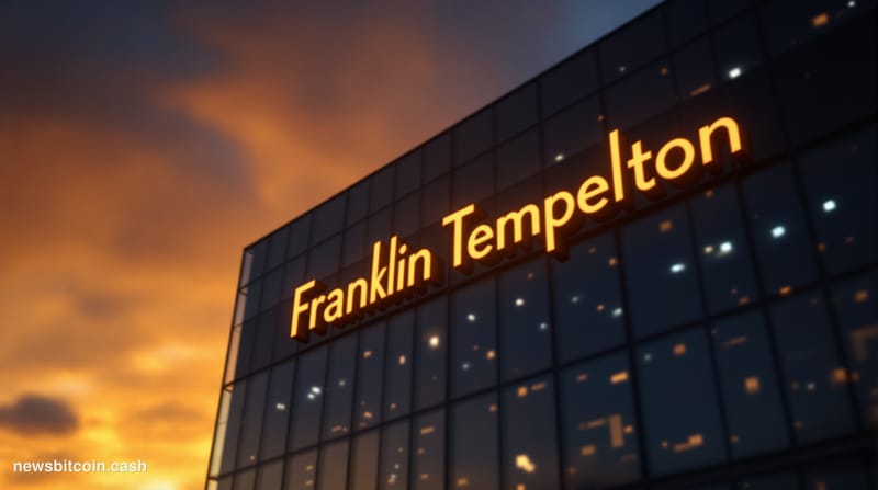 Cinematic photorealistic editorial photograph of the Franklin Templeton headquarters building exterior in San Mateo, Californ