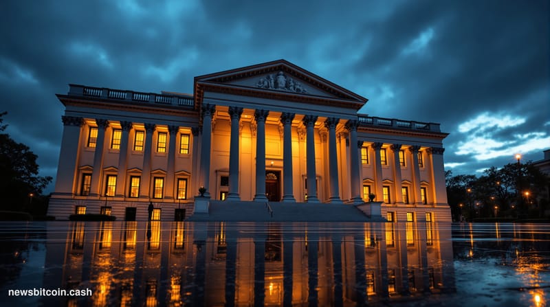 A cinematic photorealistic editorial photograph of the SEC headquarters building in Washington D.C., shot from a low angle at