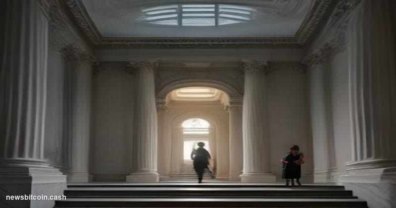 Cinematic photorealistic editorial photograph of the SEC headquarters building in Washington D.C. — the distinctive neoclassi