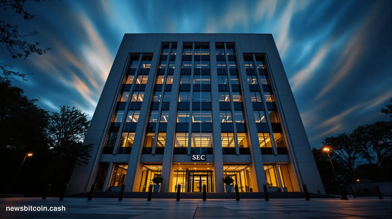 Cinematic photorealistic editorial photograph of the SEC headquarters building in Washington D.C. — the Brutalist concrete an