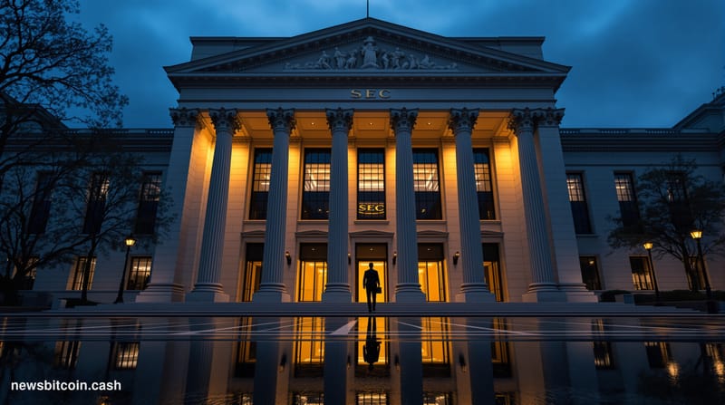 Cinematic photorealistic editorial photograph of the SEC headquarters building in Washington D.C. — the imposing neoclassical
