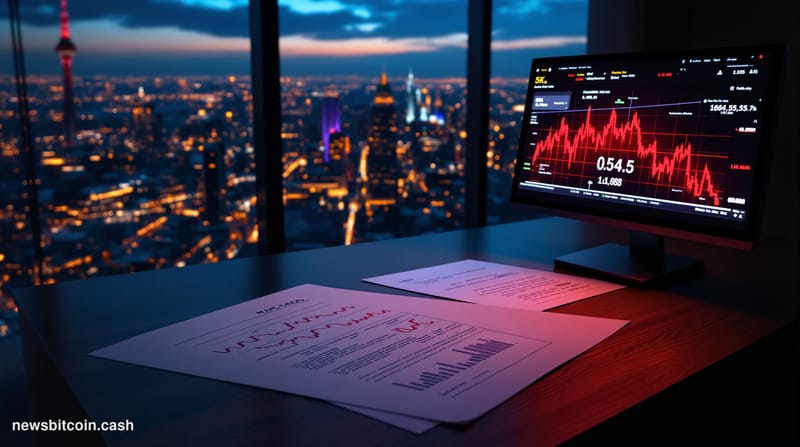 A cinematic photorealistic editorial photograph set inside a sleek, high-rise financial technology office environment with fl