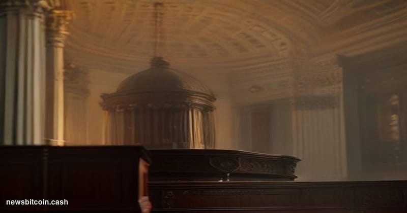 Cinematic photorealistic editorial photograph of the United States Senate chamber interior, shot from a low angle looking up 