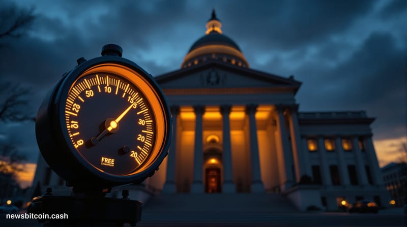 Cinematic photorealistic editorial photograph of the Federal Reserve's Eccles Building in Washington D.C., captured at dusk w