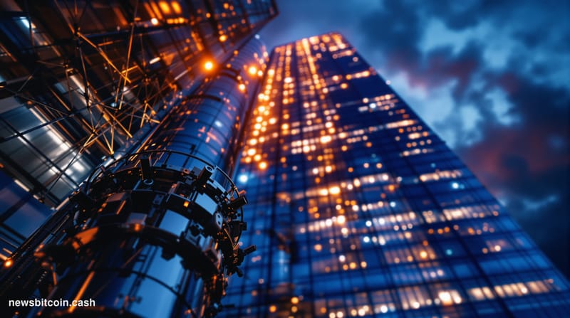 Cinematic photorealistic editorial photograph shot from a low angle looking up at the glass-and-steel facade of a major semic