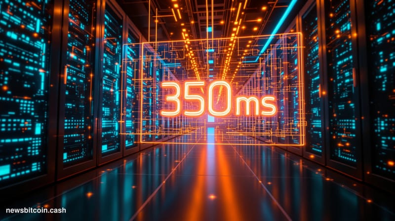 Cinematic photorealistic editorial photograph of a glowing fiber-optic data corridor representing high-speed blockchain throu