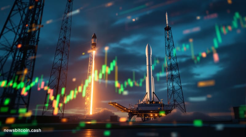Cinematic photorealistic editorial photograph of a SpaceX rocket launch facility at dawn, with dramatic golden-hour light cut