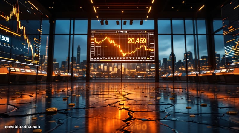 Cinematic photorealistic editorial photograph of a large illuminated digital trading floor at dusk, shot from a low angle loo