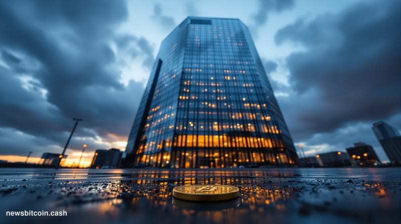 A cinematic photorealistic editorial photograph of a large modern corporate headquarters building in an urban financial distr