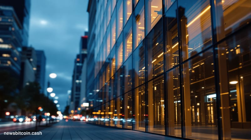 Cinematic photorealistic editorial photograph of Stripe's San Francisco headquarters exterior at dusk, dramatic side-lit faca