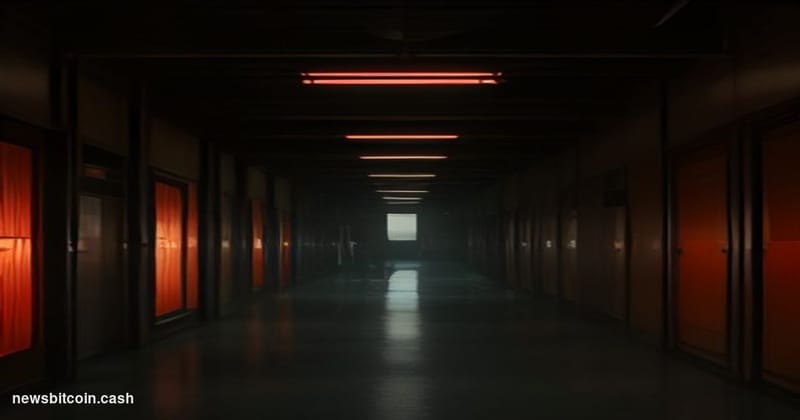 Cinematic photorealistic editorial photograph shot from a low angle looking up at a darkened server rack corridor, with drama